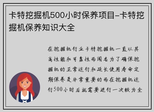 卡特挖掘机500小时保养项目-卡特挖掘机保养知识大全