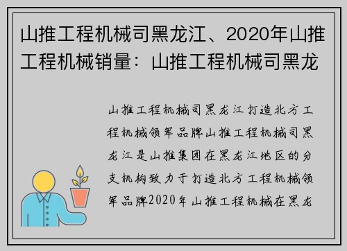 山推工程机械司黑龙江、2020年山推工程机械销量：山推工程机械司黑龙江：打造北方工程机械领军品牌